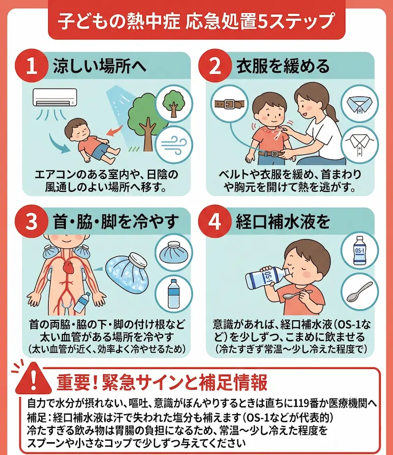 子どもの熱中症が疑われたときの応急処置5ステップ