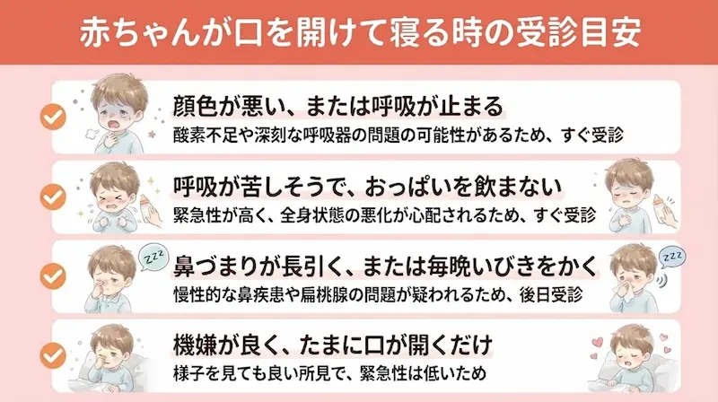 すぐに相談したい目安｜赤ちゃんが口を開けて寝るときのチェック項目_概要図