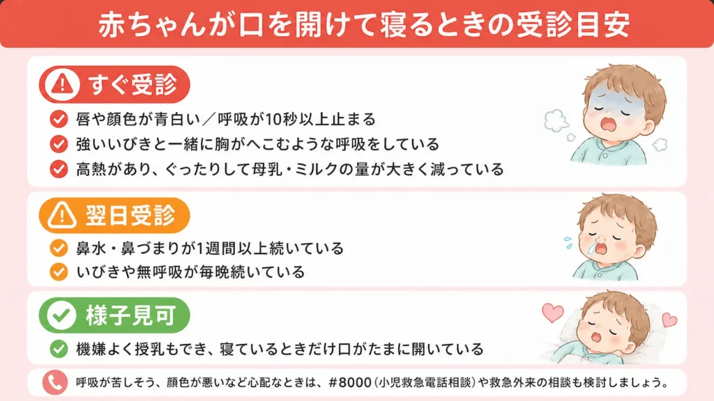 すぐに相談したい目安｜赤ちゃんが口を開けて寝るときのチェック項目_概要図v2