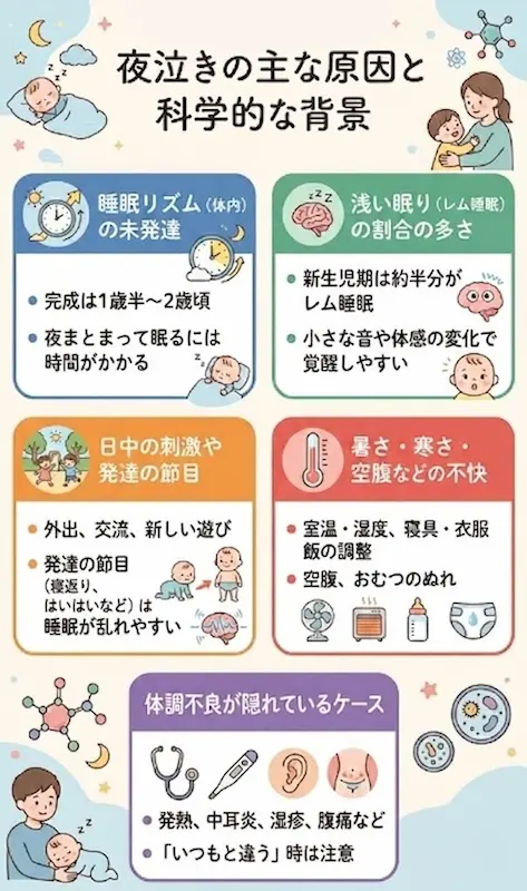 夜泣きの主な原因と科学的な背景の解説画像
