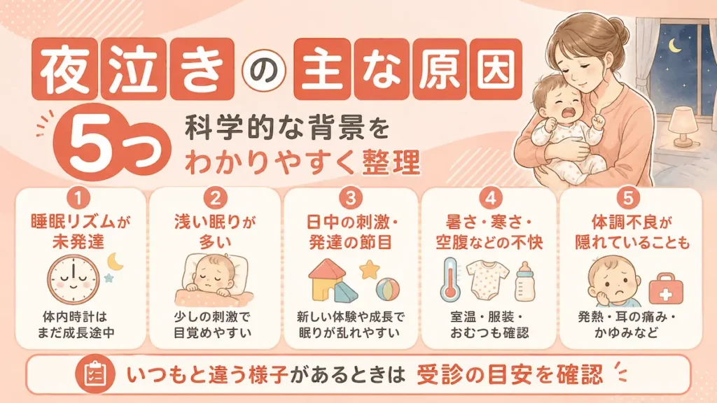 夜泣きの主な原因と科学的な背景の解説画像v2