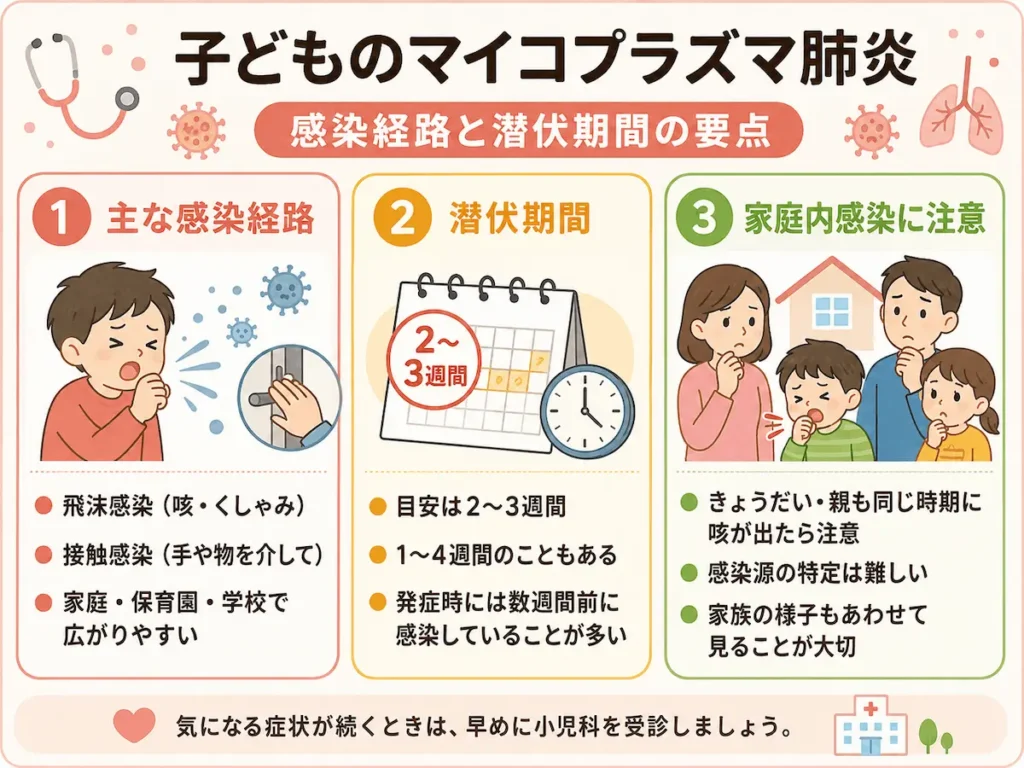 子どものマイコプラズマ肺炎の感染経路と潜伏期間の説明図v2