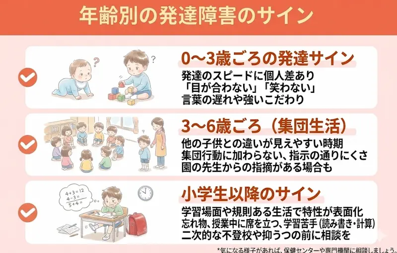 年齢別に見る発達障害の特徴の解説図