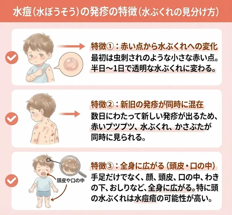 水疱瘡の出始めの発疹を見分ける3つの特徴_概要図