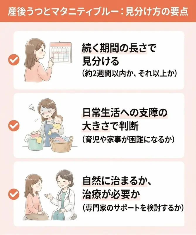 産後うつとマタニティブルーの違いに関する解説図