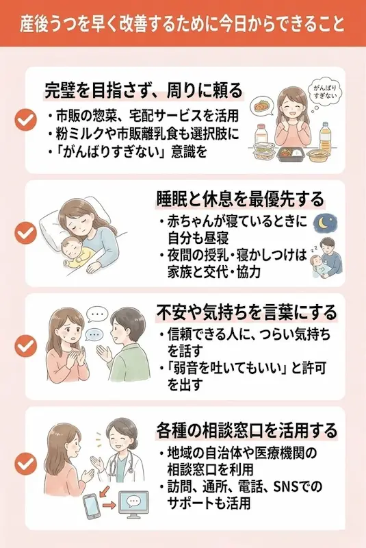 産後うつを早く改善するために今日からできることを整理した画像