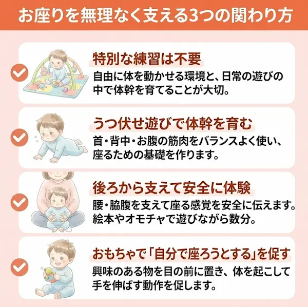 赤ちゃんのお座りを無理なく支える3つの関わり方_説明図
