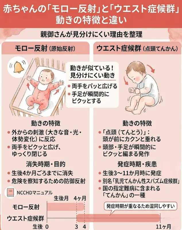 赤ちゃんのモロー反射とてんかんの動きが似ている理由の解説図