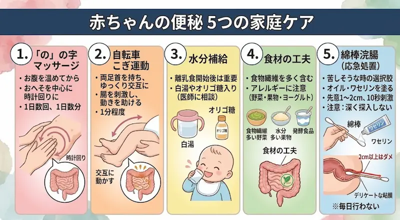 赤ちゃんの便秘に家庭でできる対処法5つの解説図