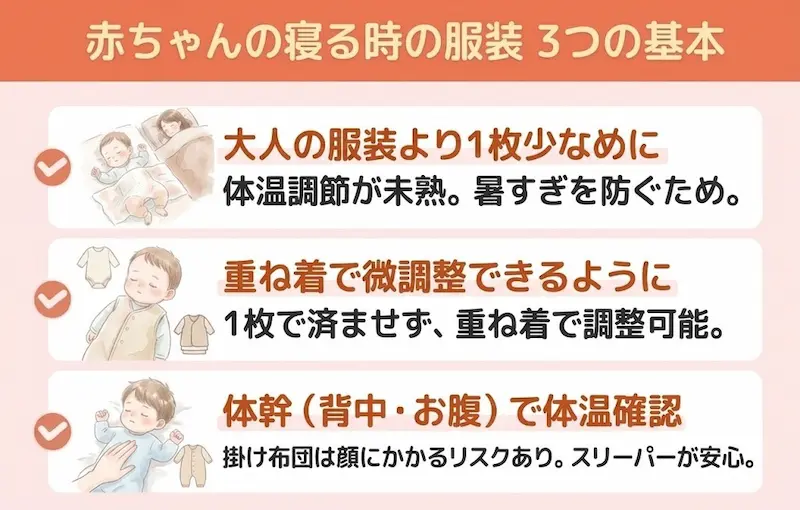 赤ちゃんの寝る時の服装で押さえたい3つの基本_概要図