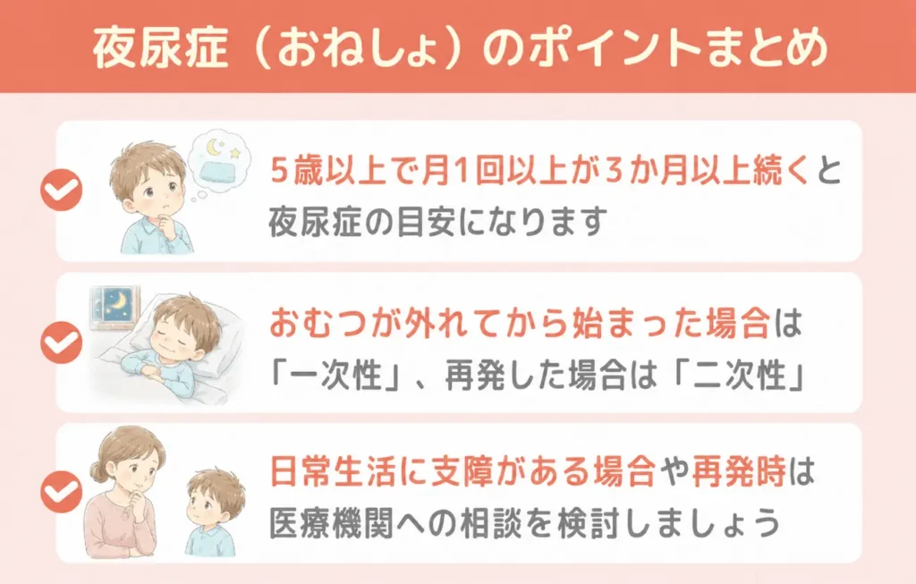 夜尿症（おねしょ）とは？子どもの「おねしょ」との違い_まとめ画像