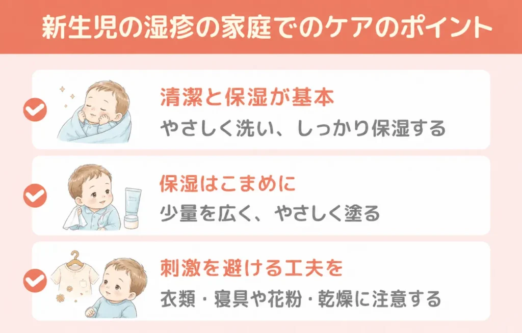 新生児の湿疹の家庭でのケア｜清潔と保湿が基本_まとめ画像