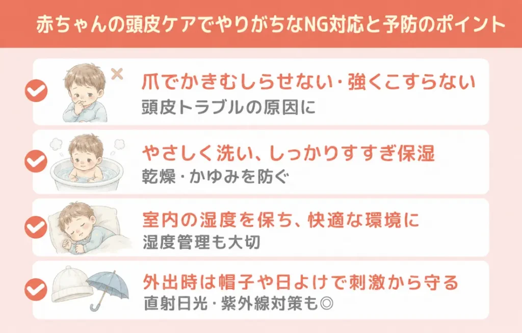 赤ちゃんの頭皮ケアでやりがちな対応とポイント_まとめ画像