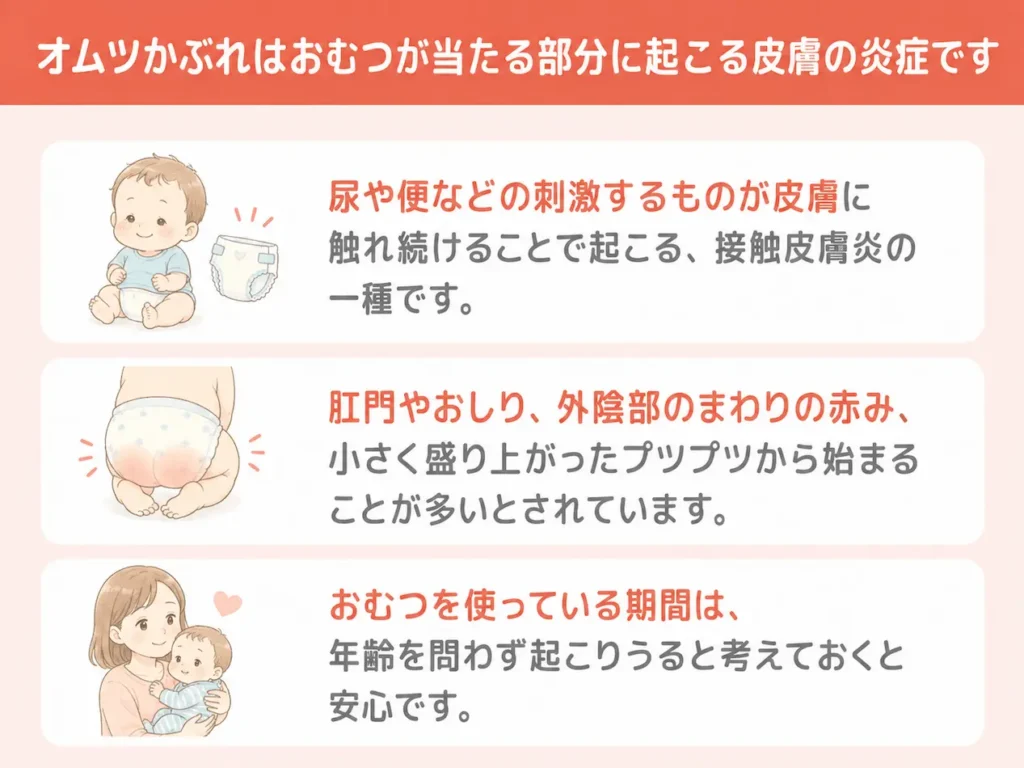 オムツかぶれはおむつが当たる部分に起こる皮膚の炎症です_まとめ画像