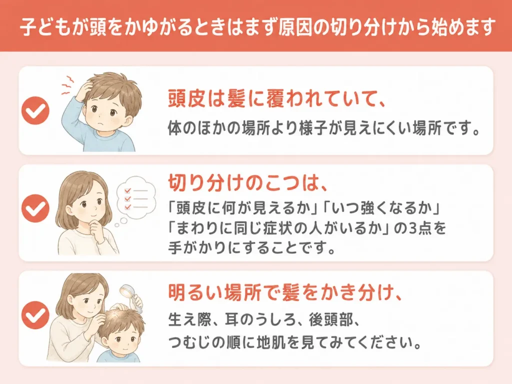 子どもが頭をかゆがるときはまず原因の切り分けから始めます_まとめ画像