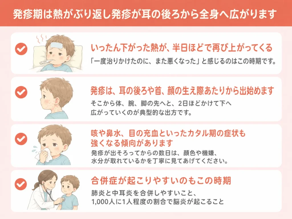 発疹期は熱がぶり返し発疹が耳の後ろから全身へ広がります_まとめ画像
