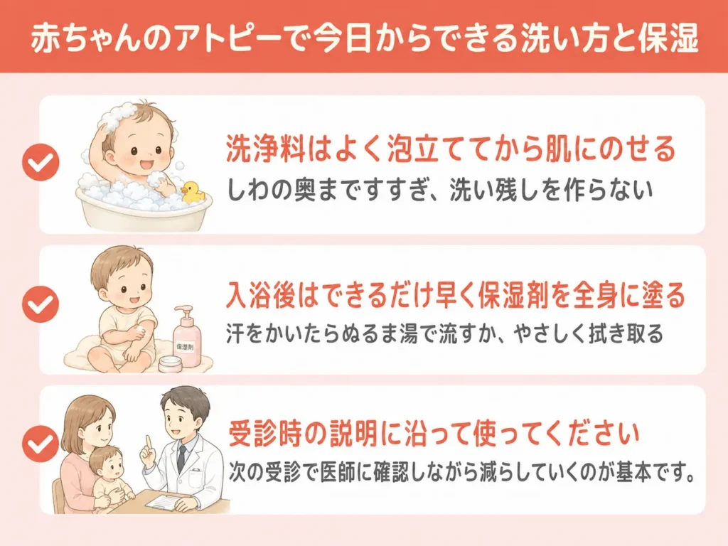赤ちゃんのアトピーで今日からできる洗い方と保湿_まとめ画像