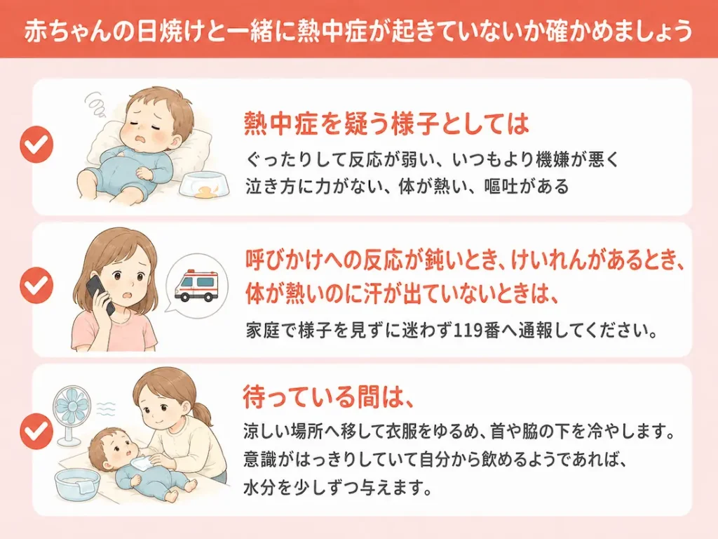 赤ちゃんの日焼けと一緒に熱中症が起きていないか確かめましょう_まとめ画像