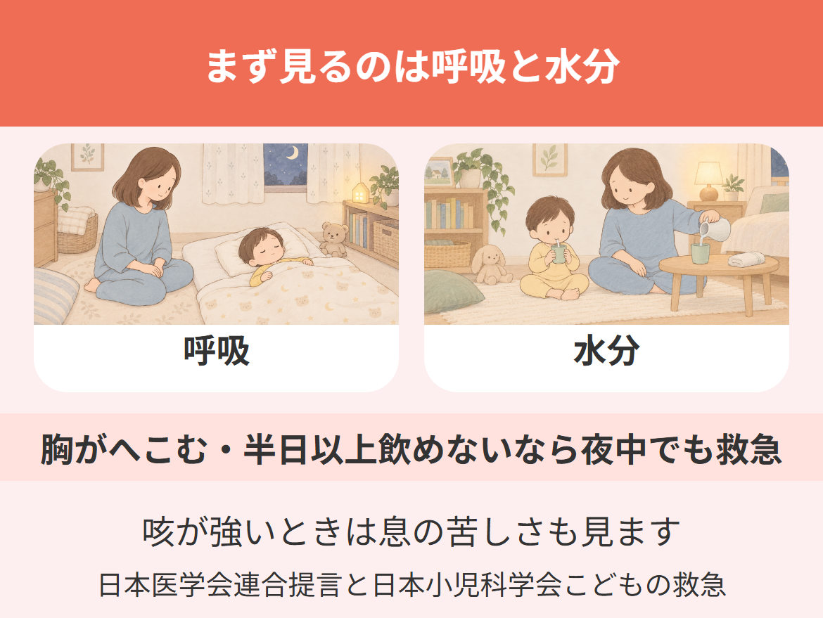 RSウイルスで夜にまず見る2つの様子を示した図解。呼吸と水分を同じ大きさで並べ、胸がへこむ・半日以上飲めないなら夜中でも救急だと示している