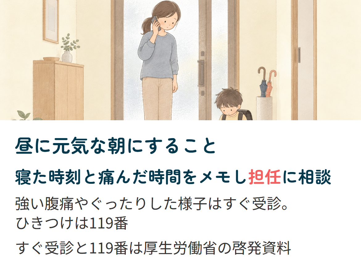 学校に行きたくないと言う朝、昼に元気な日は寝た時刻と痛んだ時間をメモして担任に相談することを示した図