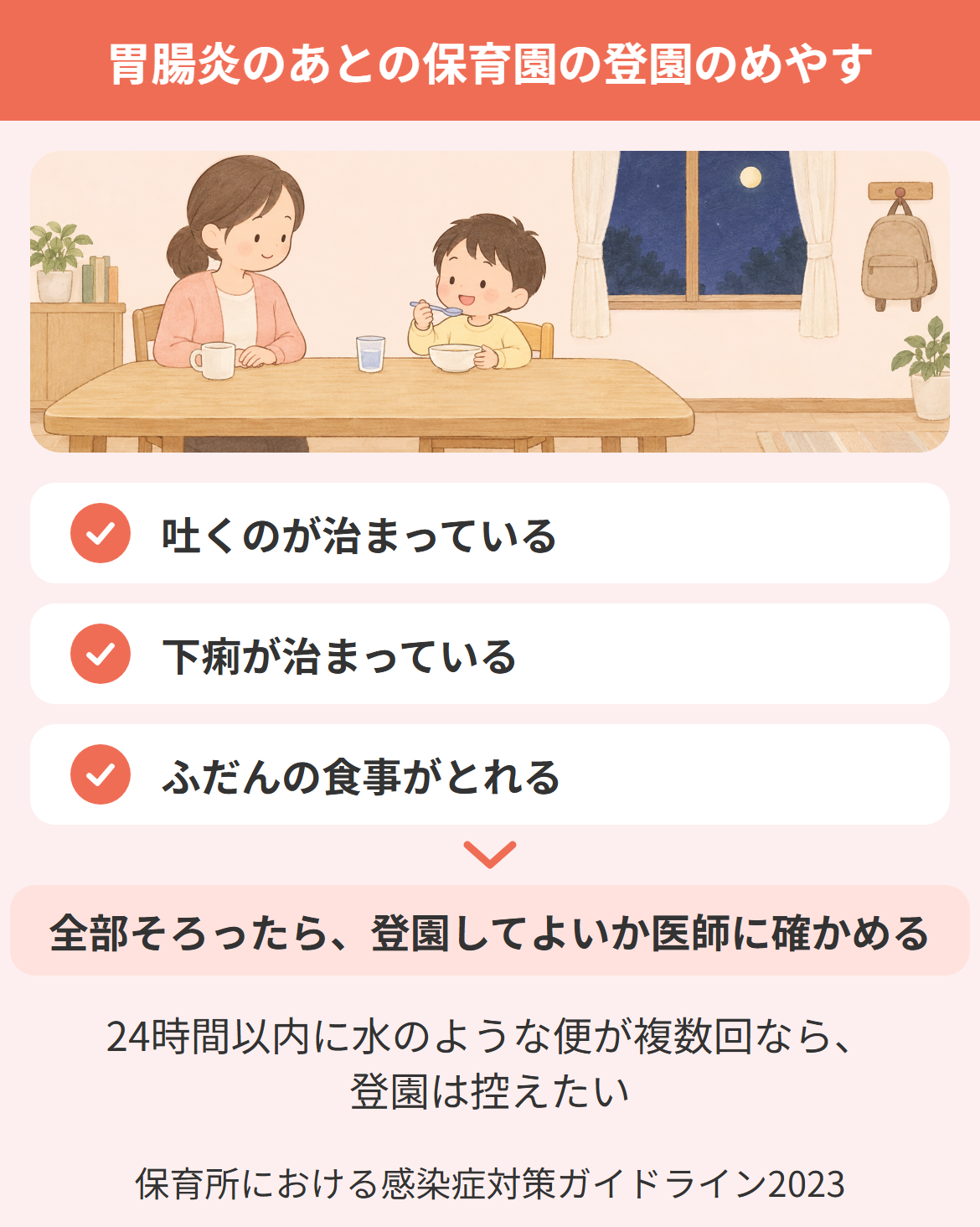 胃腸炎のあと保育園に登園できるめやすは嘔吐や下痢が治まりふだんの食事がとれること