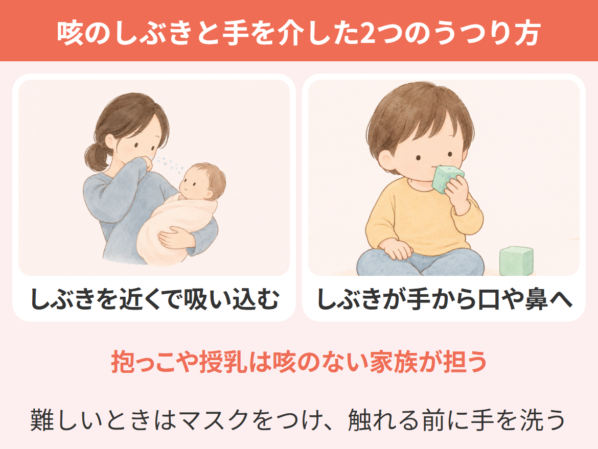 百日咳がうつる2つのうつり方(咳のしぶきを近くで吸い込む・しぶきが手から口や鼻へ)を家の中の場面で示し、抱っこや授乳は咳のない家族が担い、難しいときはマスクをつけて触れる前に手を洗うことを示した図