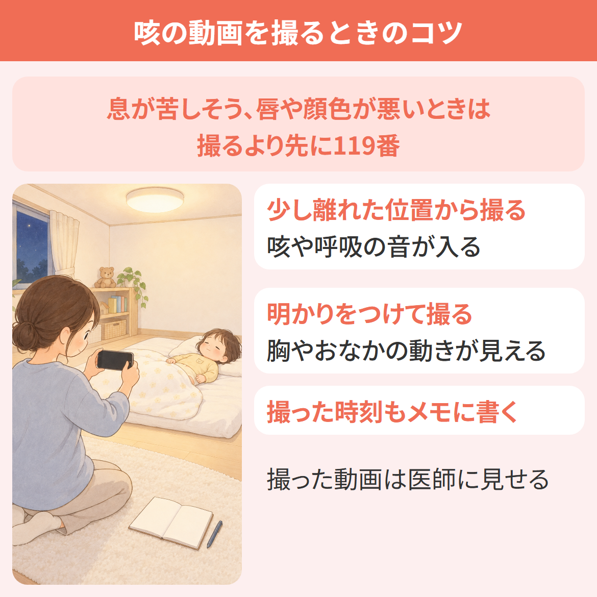 咳の動画を撮るときのコツの図。息が苦しそう、唇や顔色が悪いときは撮るより先に119番。咳や呼吸の音が入るよう少し離れた位置から撮り、胸やおなかの動きが見えるよう明かりをつけて撮り、撮った時刻もメモに書く。撮った動画は医師に見せる