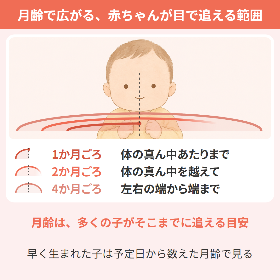 追視が月齢ごとに広がる流れの図。生後1か月ごろは体の真ん中あたりまで、2か月ごろは体の真ん中を越えて、4か月ごろは左右の端から端まで目で追うのが、多くの子がそこまでに追えるようになる目安